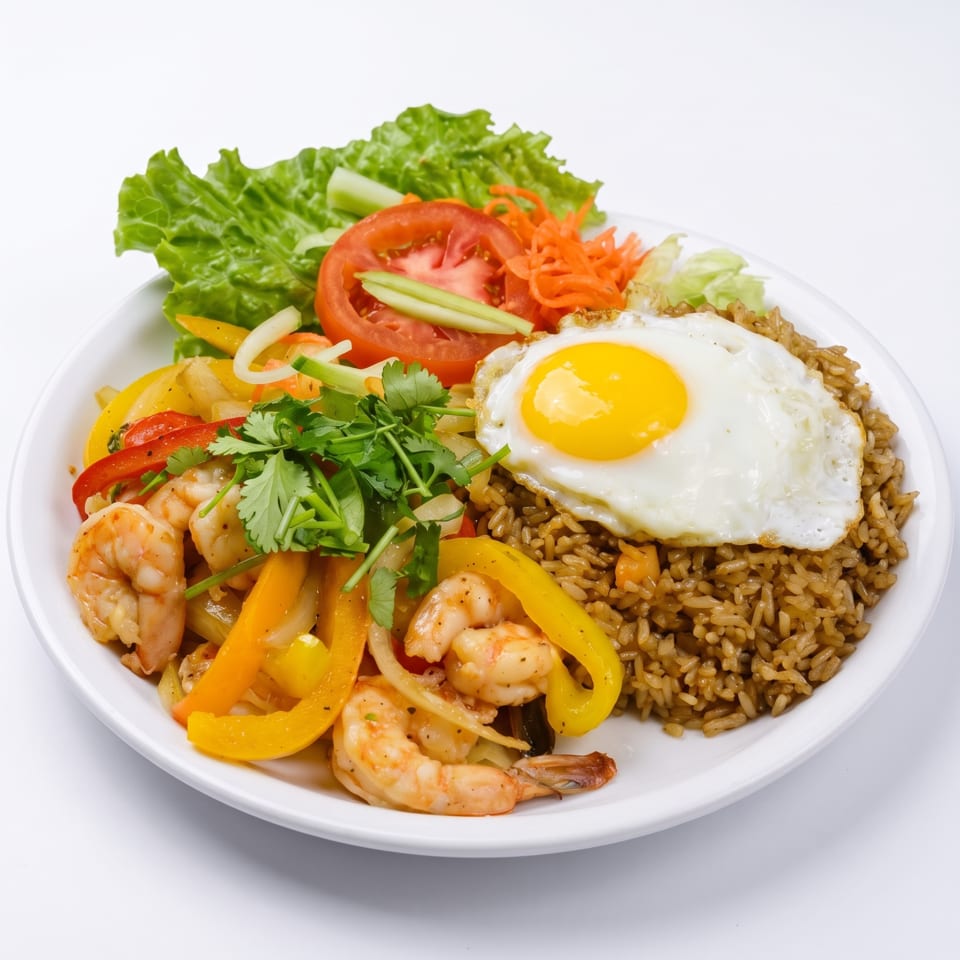 Shrimp stir-fry with bell peppers, onions, and cilantro, served with fried rice and a sunny-side-up egg.
