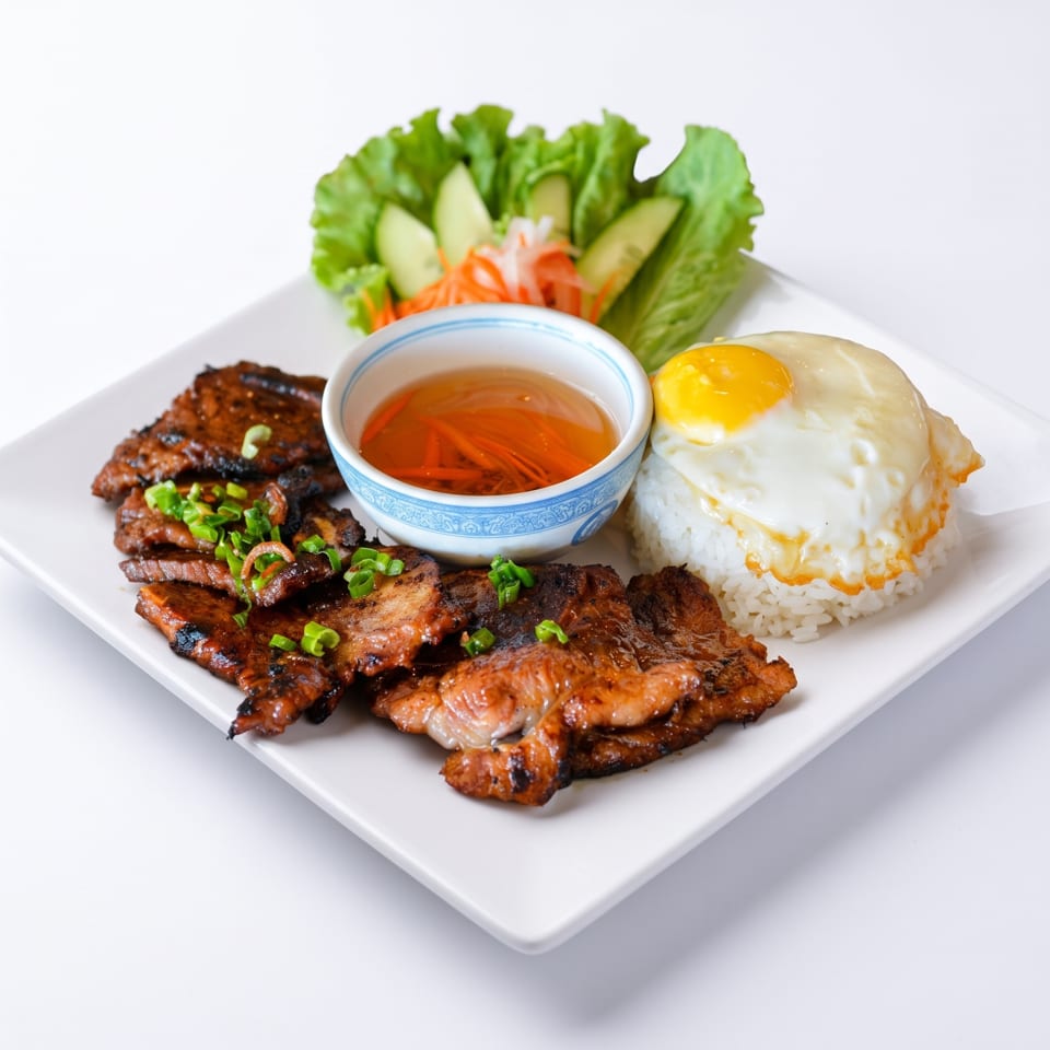 Grilled pork, white rice with a fried egg, and a side salad with dressing on a white plate.