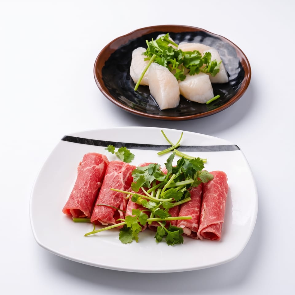 Plates of thinly sliced raw beef rolls and scallops, both garnished with fresh cilantro.