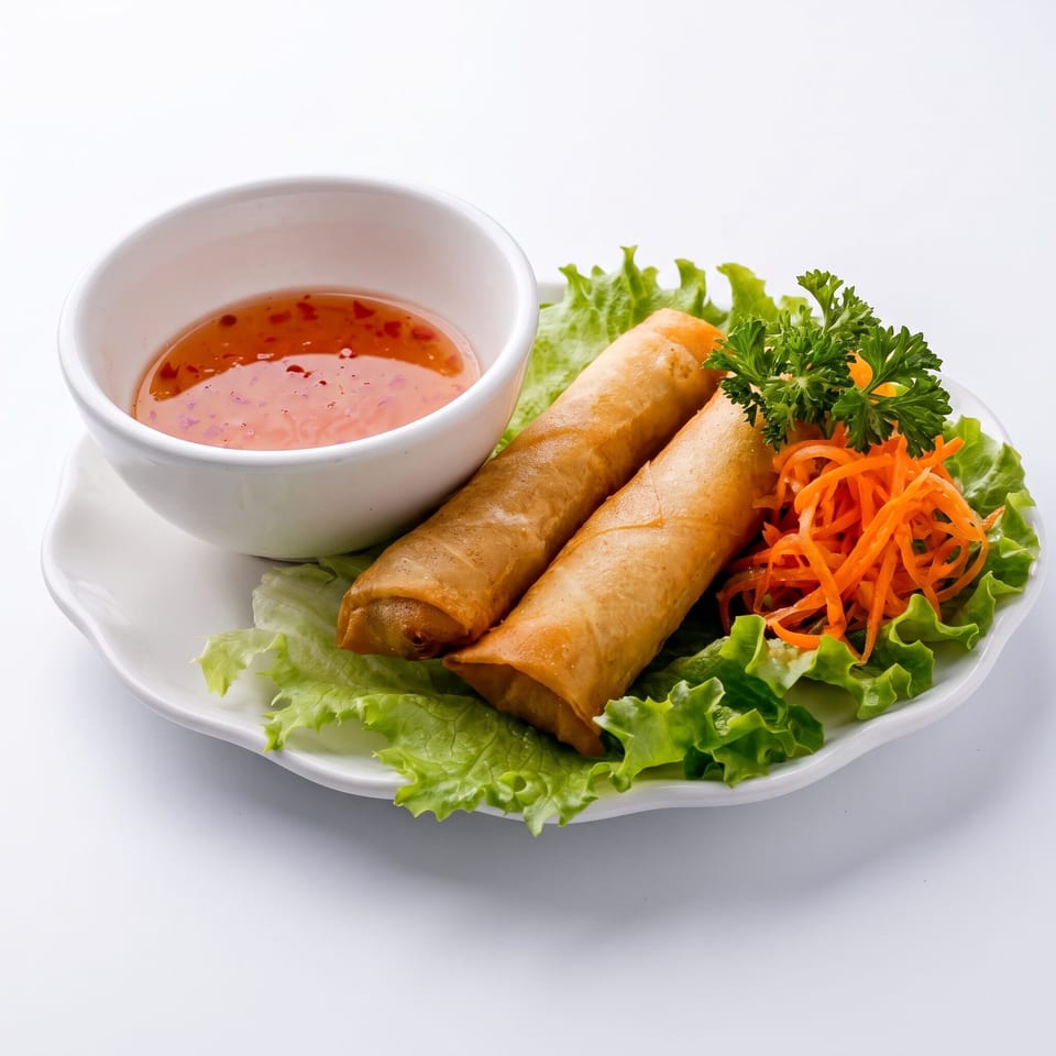 Two crispy spring rolls on lettuce with shredded carrots, parsley, and a side of sweet chili sauce.