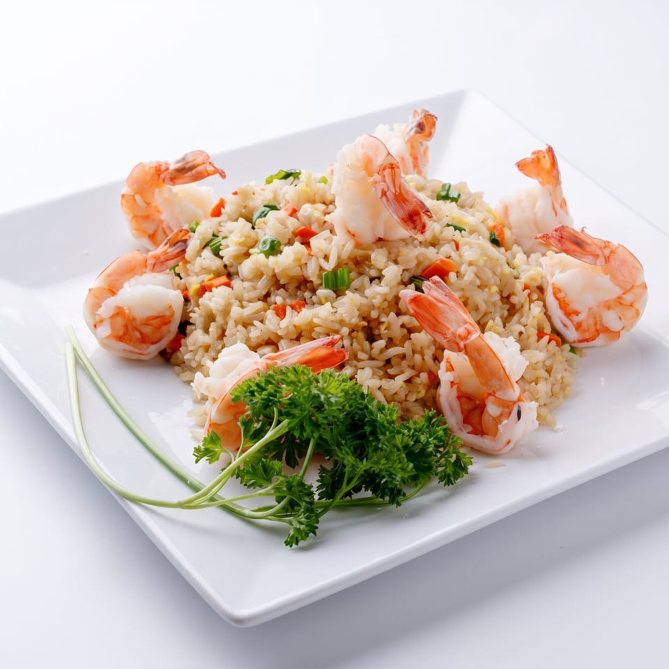 Shrimp fried rice with peas, carrots, and green onions, garnished with parsley and lemongrass.