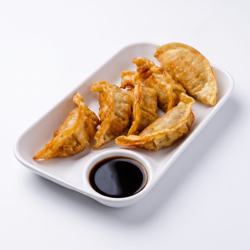 Golden-brown fried dumplings, or gyoza, arranged on a white rectangular plate with a side of soy sauce.