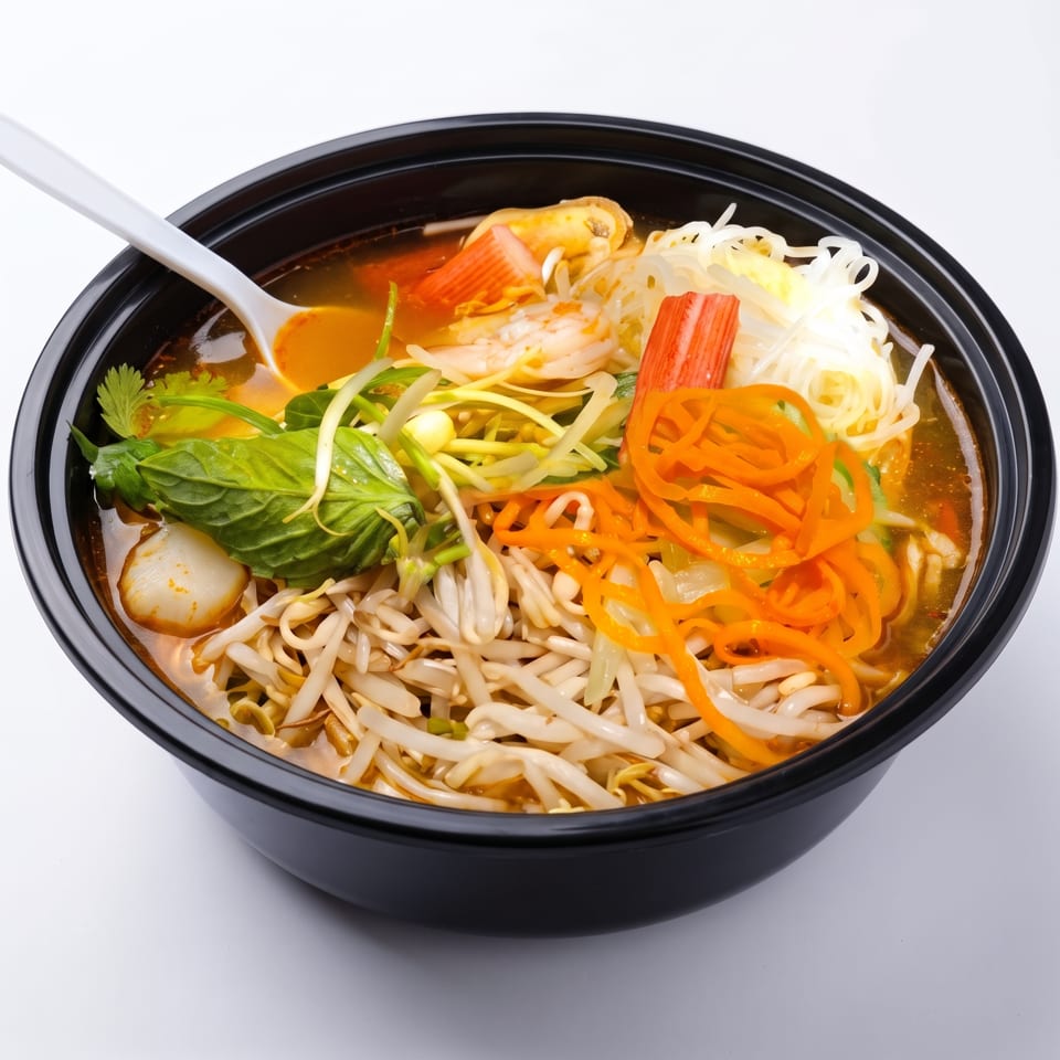 Spicy seafood noodle soup with shrimp, crab sticks, mussels, bean sprouts, carrots, and basil.