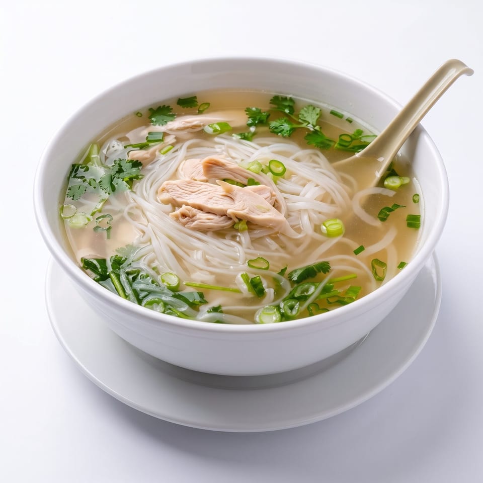 A white bowl of chicken pho with noodles, broth, cilantro, and green onions, with a spoon.